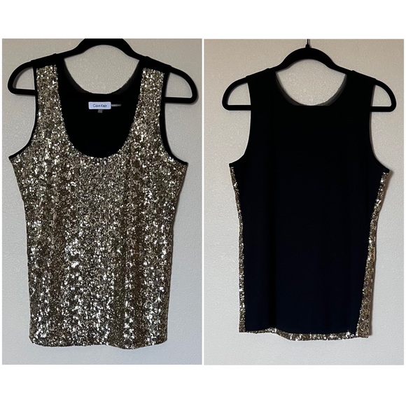 Calvin Klein Sequin Sleeveless Holiday Party Ribbed Tank Top Gold Black Large - Picture 4 of 10